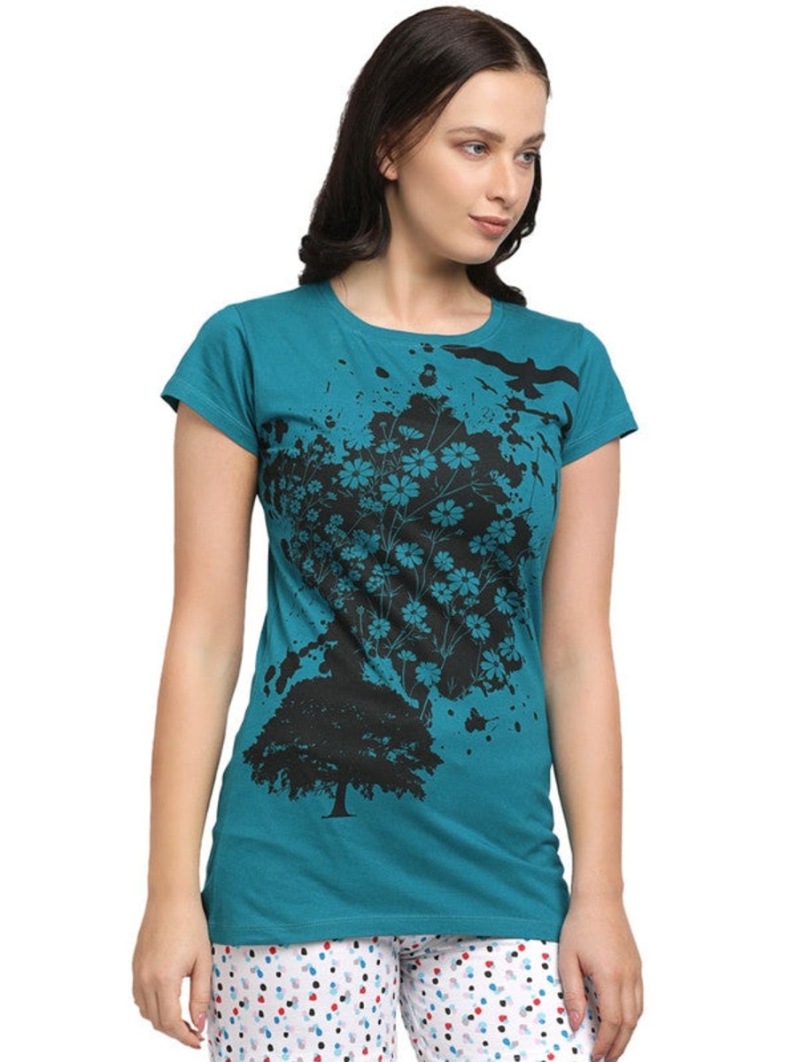 Sportswear Lovable | Women Sea Green Regular Fit Solid Top - Crew Neck Tee Print-Sg Teal