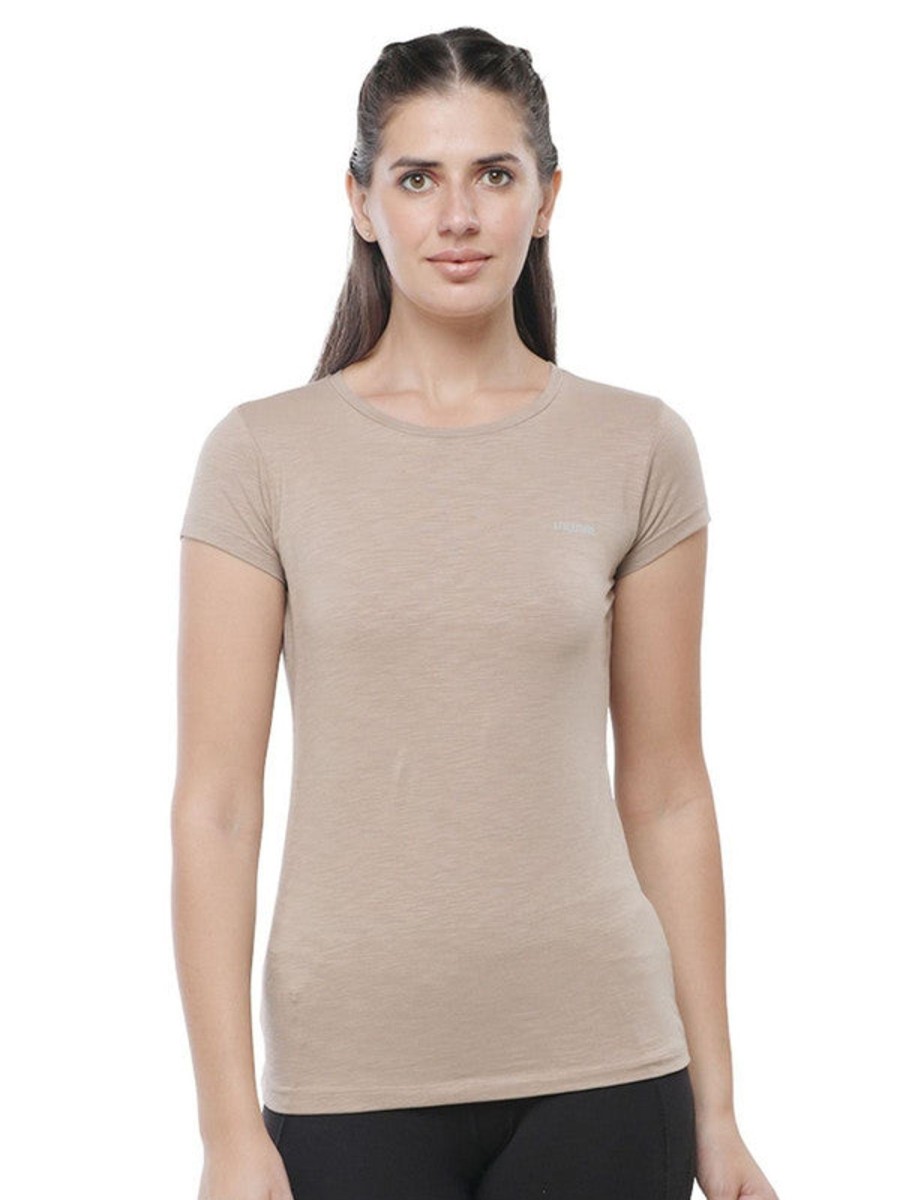 Sportswear Lovable | Women Camel Regular Fit Solid Top - C.Neck Tee Meu0026My 2.0-Sly-Lt Beige