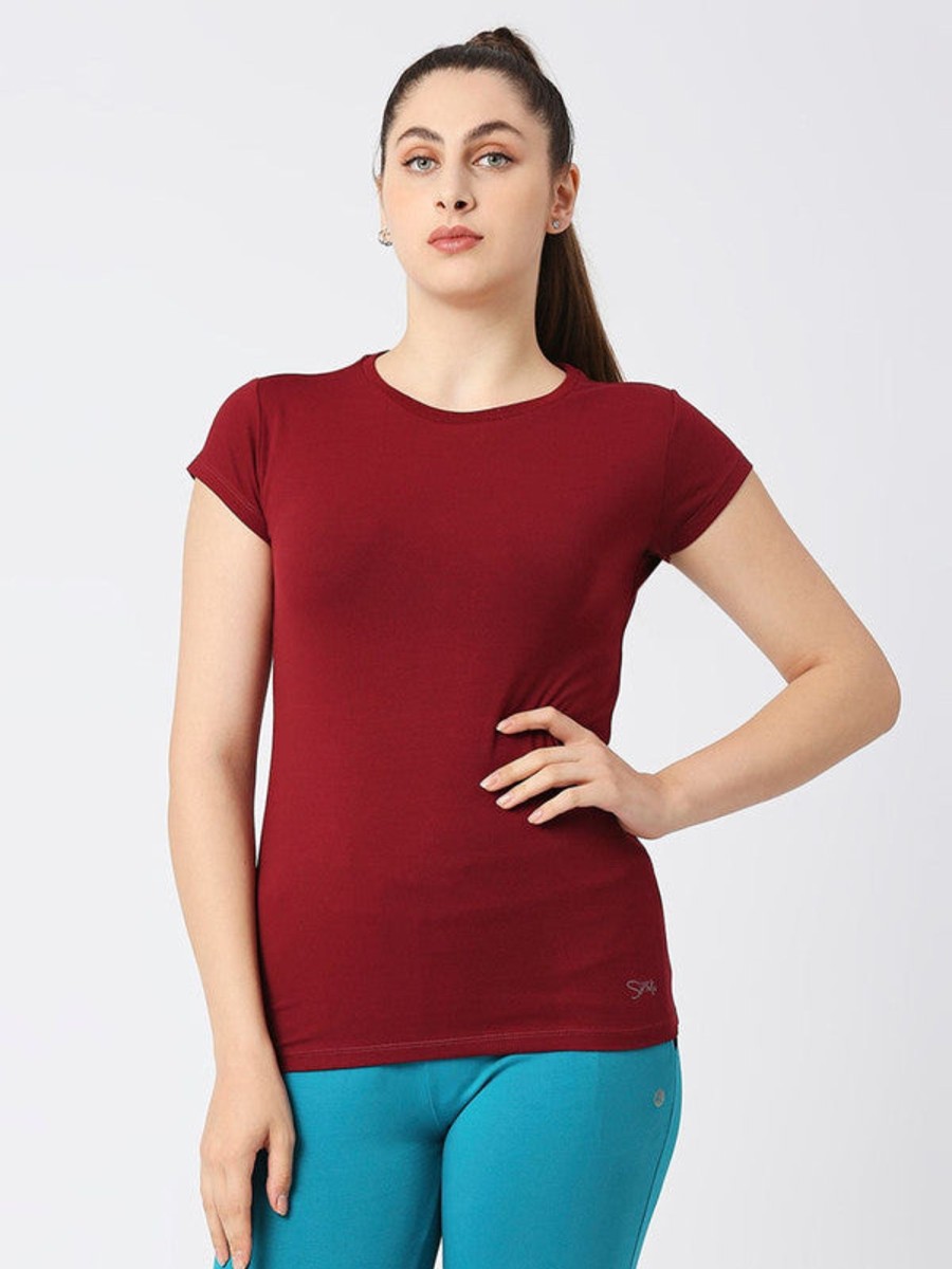 Sportswear Lovable | Women Regular Fit Solid Top - Crew Neck Tee-Mn Maroon