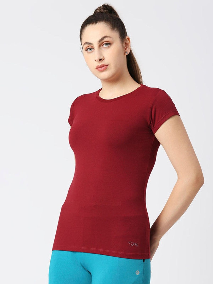 Sportswear Lovable | Women Regular Fit Solid Top - Crew Neck Tee-Mn Maroon