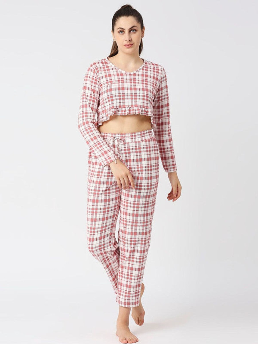 Nightwear Lovable | Women Checkered Regular Fit Nightwear Set - Moon Drift-006 Bb-Mr Maroon