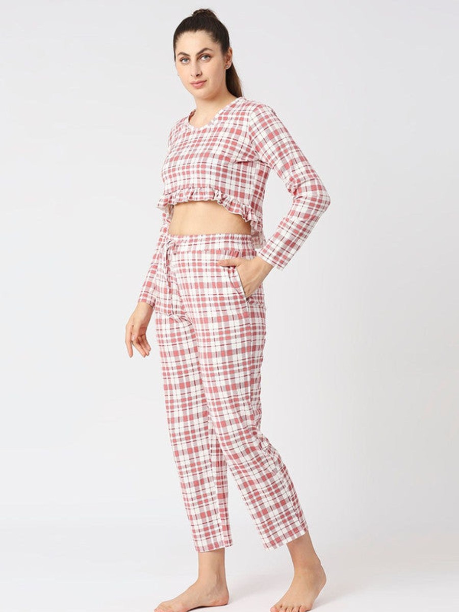 Nightwear Lovable | Women Checkered Regular Fit Nightwear Set - Moon Drift-006 Bb-Mr Maroon