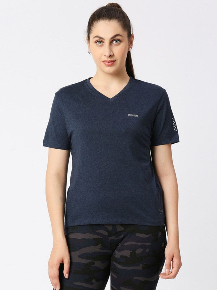 Sportswear Lovable | Women Melange Solid Sports Top - Rush Tee-V-Bl-Ml Blue