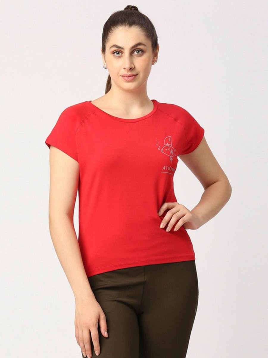 Sportswear Lovable | Women Crimson Solid Sports T-Shirt - Space Tee-Cr Red