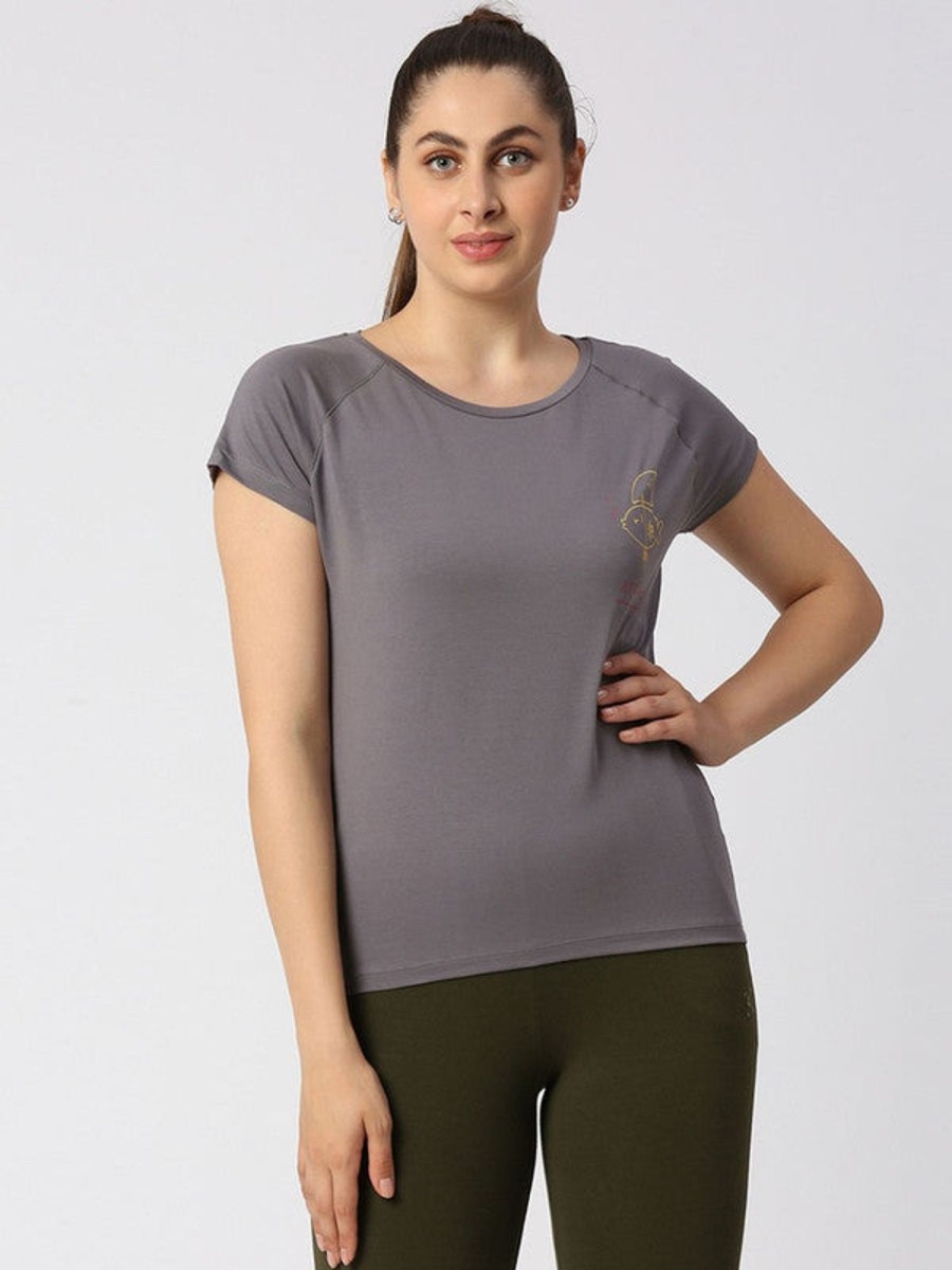 Sportswear Lovable | Women Solid Sports T-Shirt - Space Tee-Gr Grey