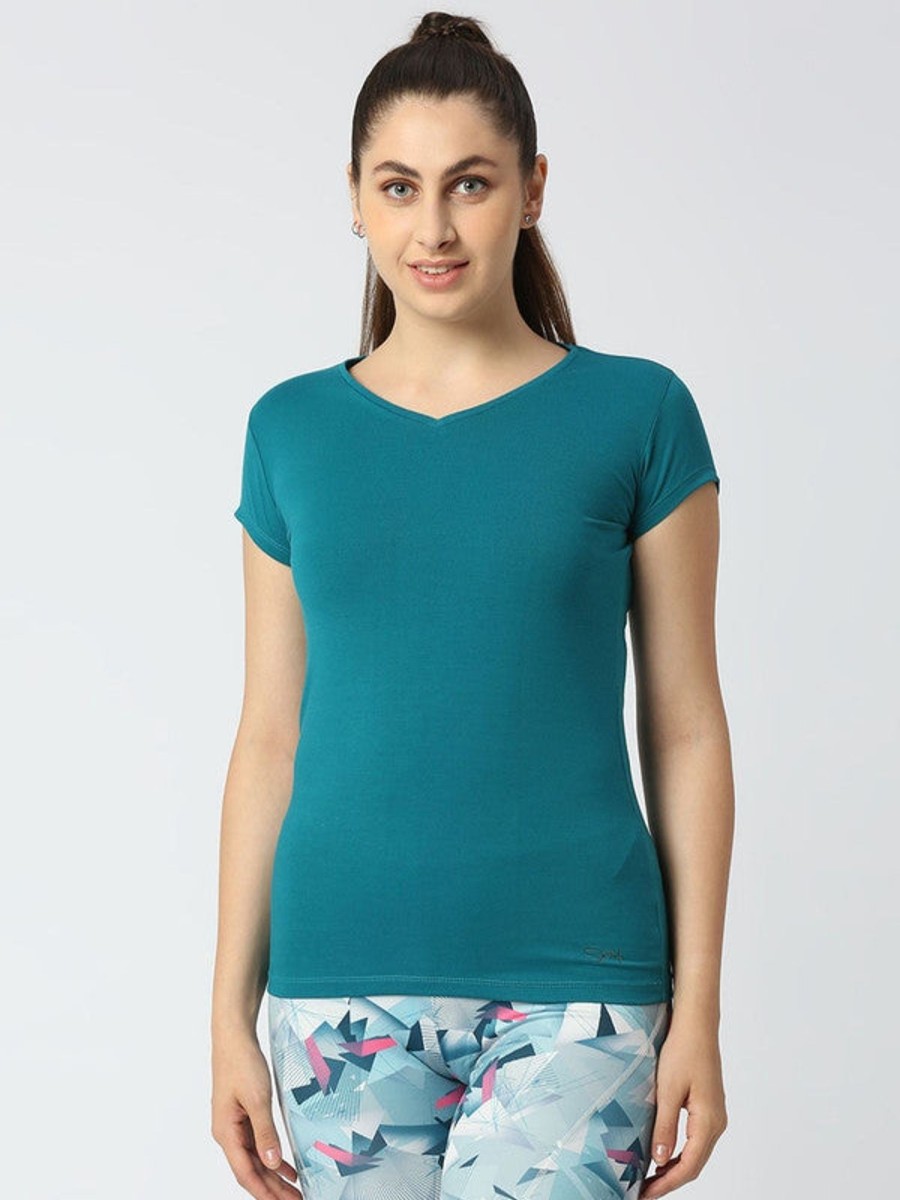 Sportswear Lovable | Women Sea Solid Sports T-Shirt - V-Neck Tee-Sg Green