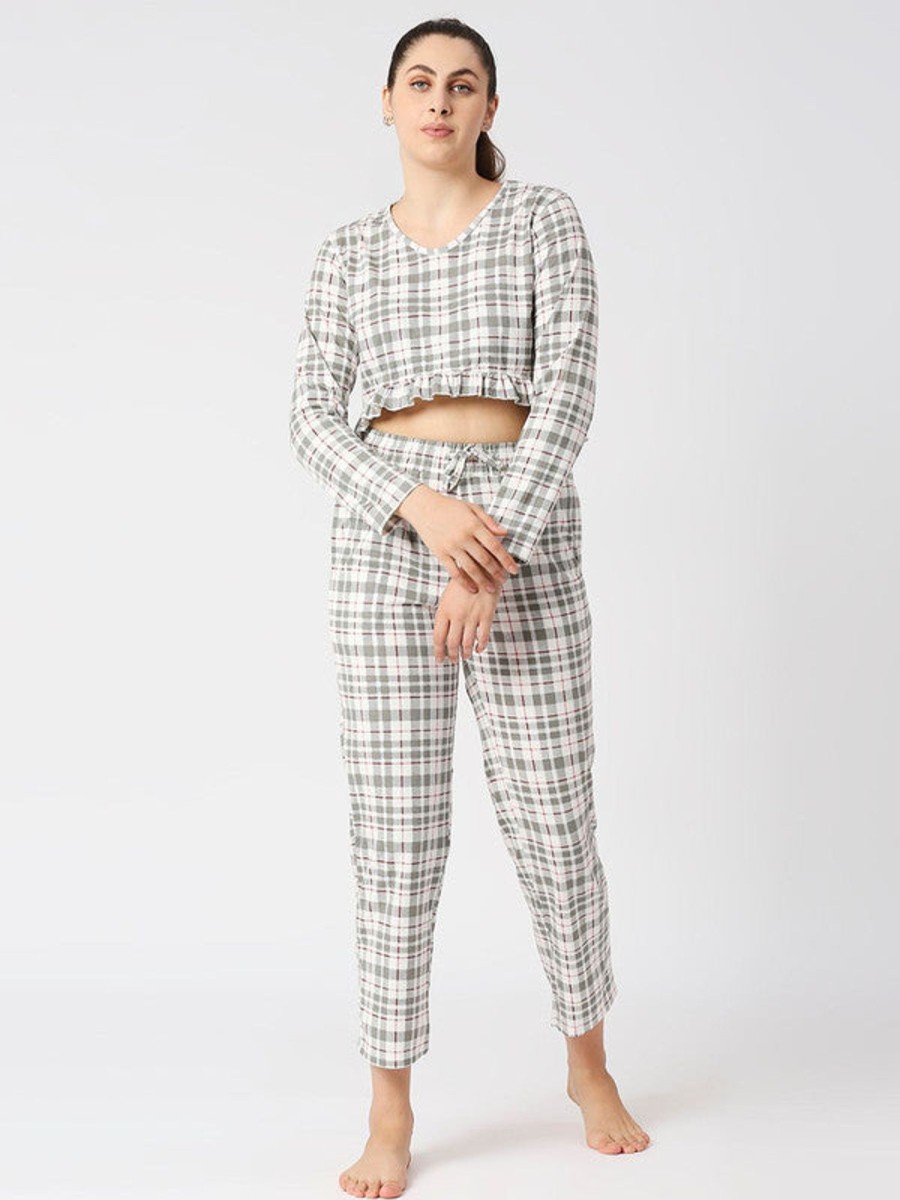 Nightwear Lovable | Women Checkered Regular Fit Nightwear Set - Moon Drift-006 Bb-Gr Grey