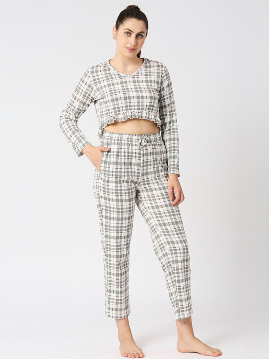 Nightwear Lovable | Women Checkered Regular Fit Nightwear Set - Moon Drift-006 Bb-Gr Grey