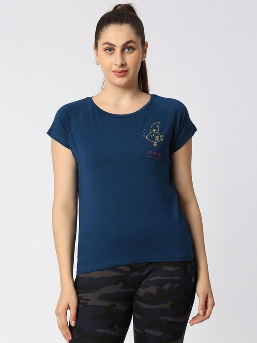 Sportswear Lovable | Women Aqua Solid Sports T-Shirt - Space Tee-Ab Blue