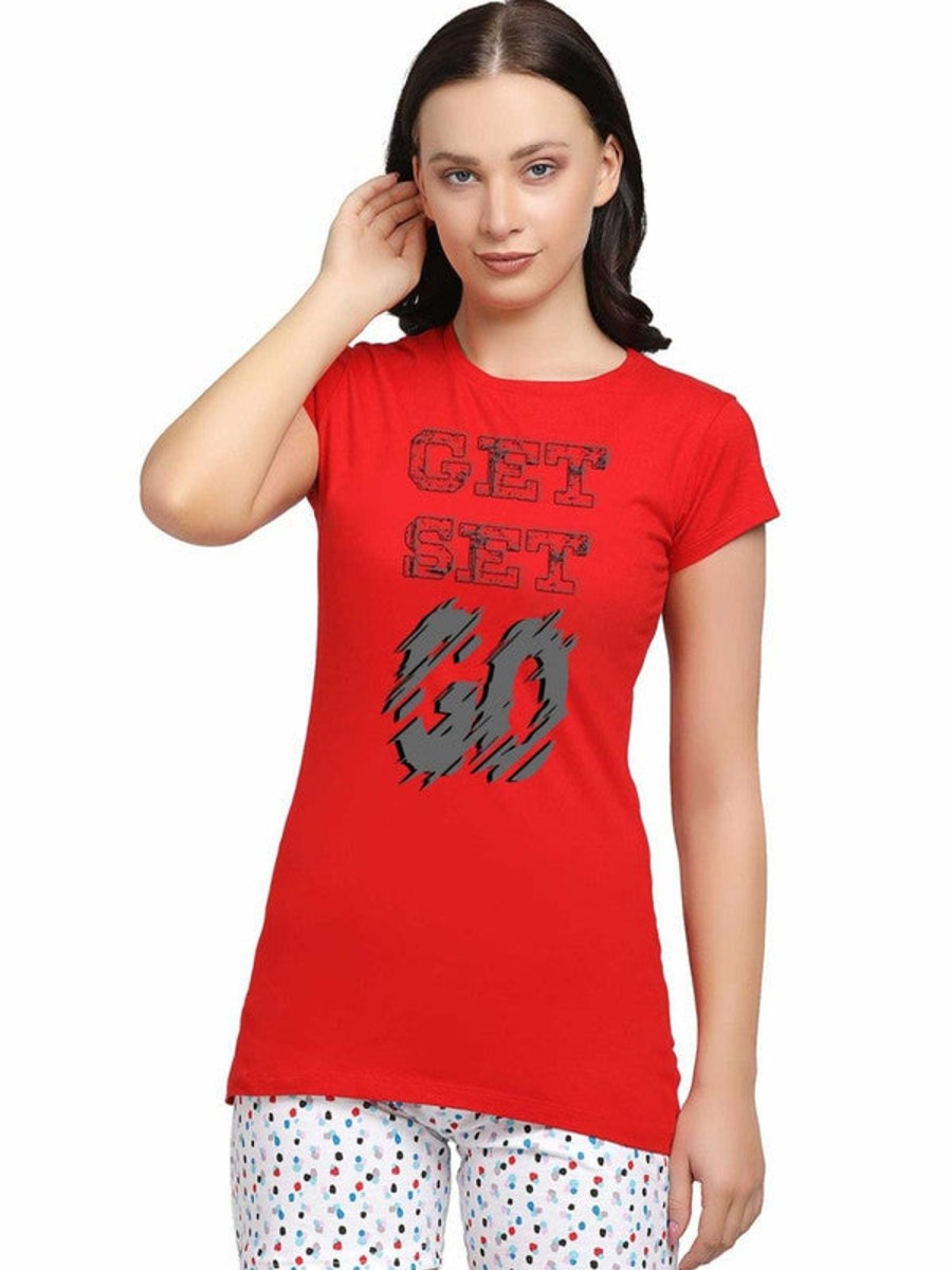 Sportswear Lovable | Women Regular Fit Solid Top - Crew Neck Tee Print-Cr Red