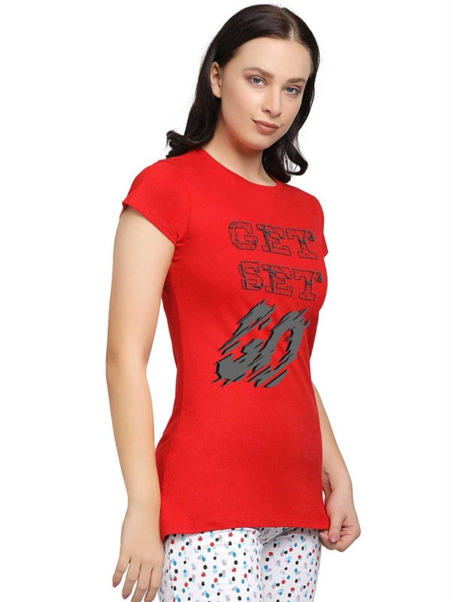 Sportswear Lovable | Women Regular Fit Solid Top - Crew Neck Tee Print-Cr Red