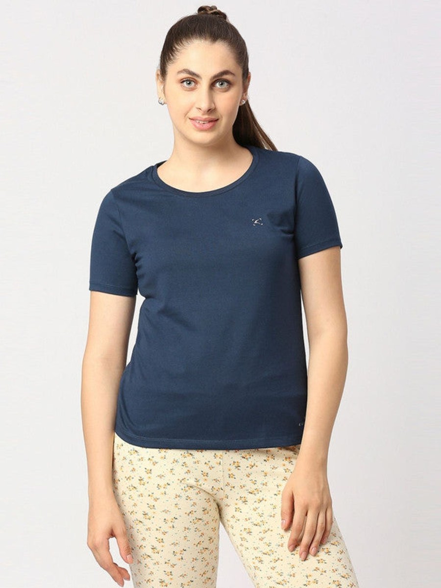 Sportswear Lovable | Women Aqua Solid Top - Crescent Crew-Ab Blue