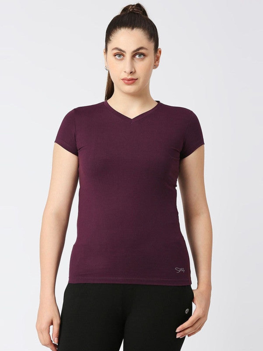 Sportswear Lovable | Women Solid Sports T-Shirt - V-Neck Tee-Pur Purple