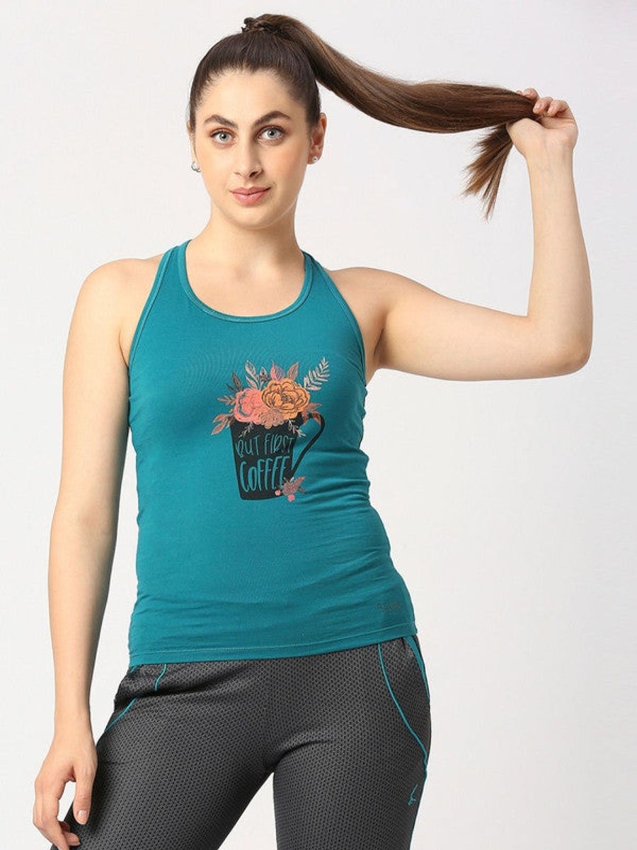 Sportswear Lovable | Women Sea Green Solid Top - Floral Cup Racerback-Sg Teal