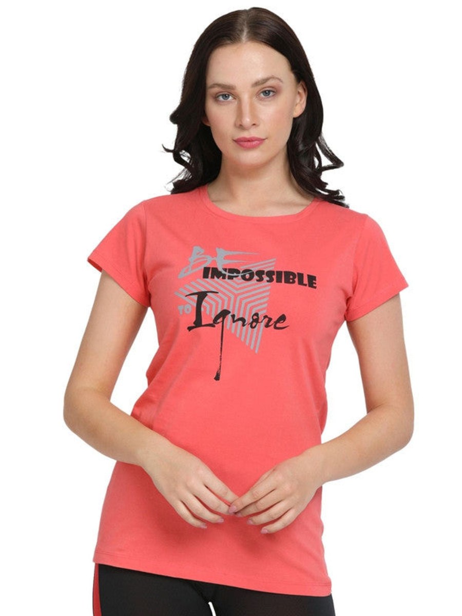 Sportswear Lovable | Women Coral Regular Fit Printed Top - Crew Neck Tee Print-Cp Pink