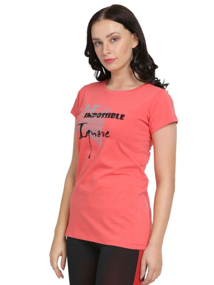 Sportswear Lovable | Women Coral Regular Fit Printed Top - Crew Neck Tee Print-Cp Pink