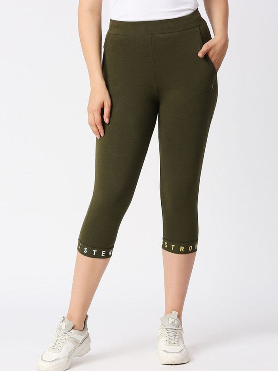 Sportswear Lovable | Women Green Solid Capri - Incline Track - Ol Olive