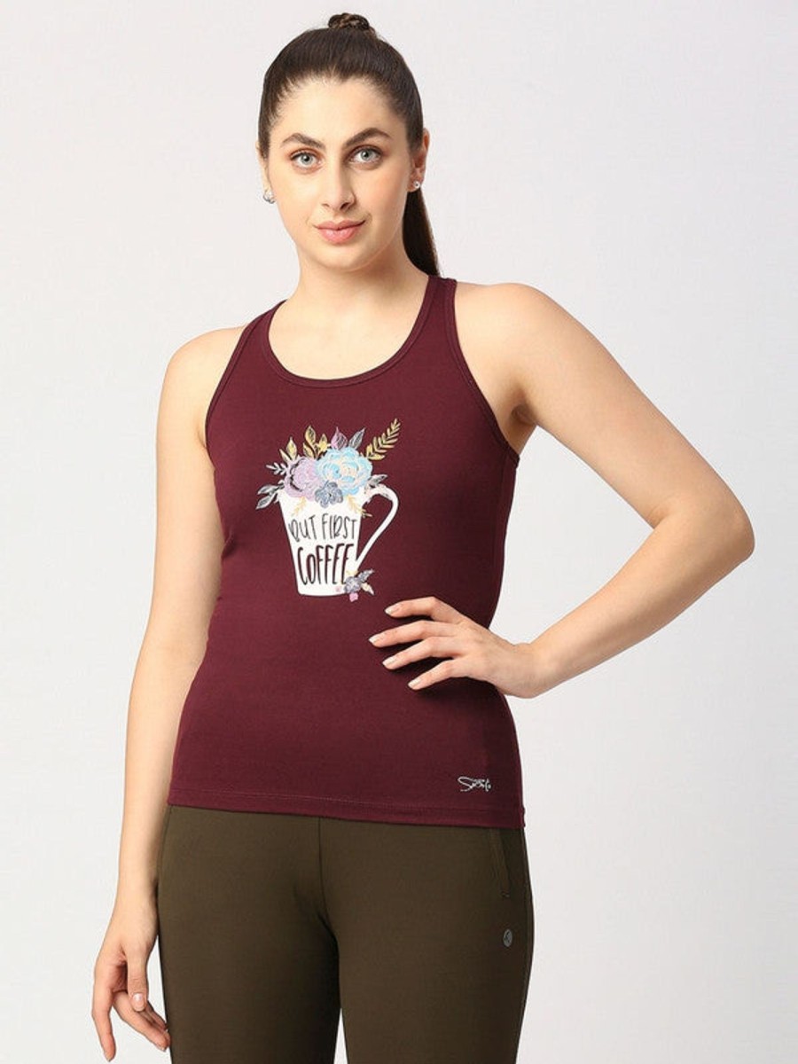 Sportswear Lovable | Women Wine Solid Top - Floral Cup Racerback-Wn Maroon